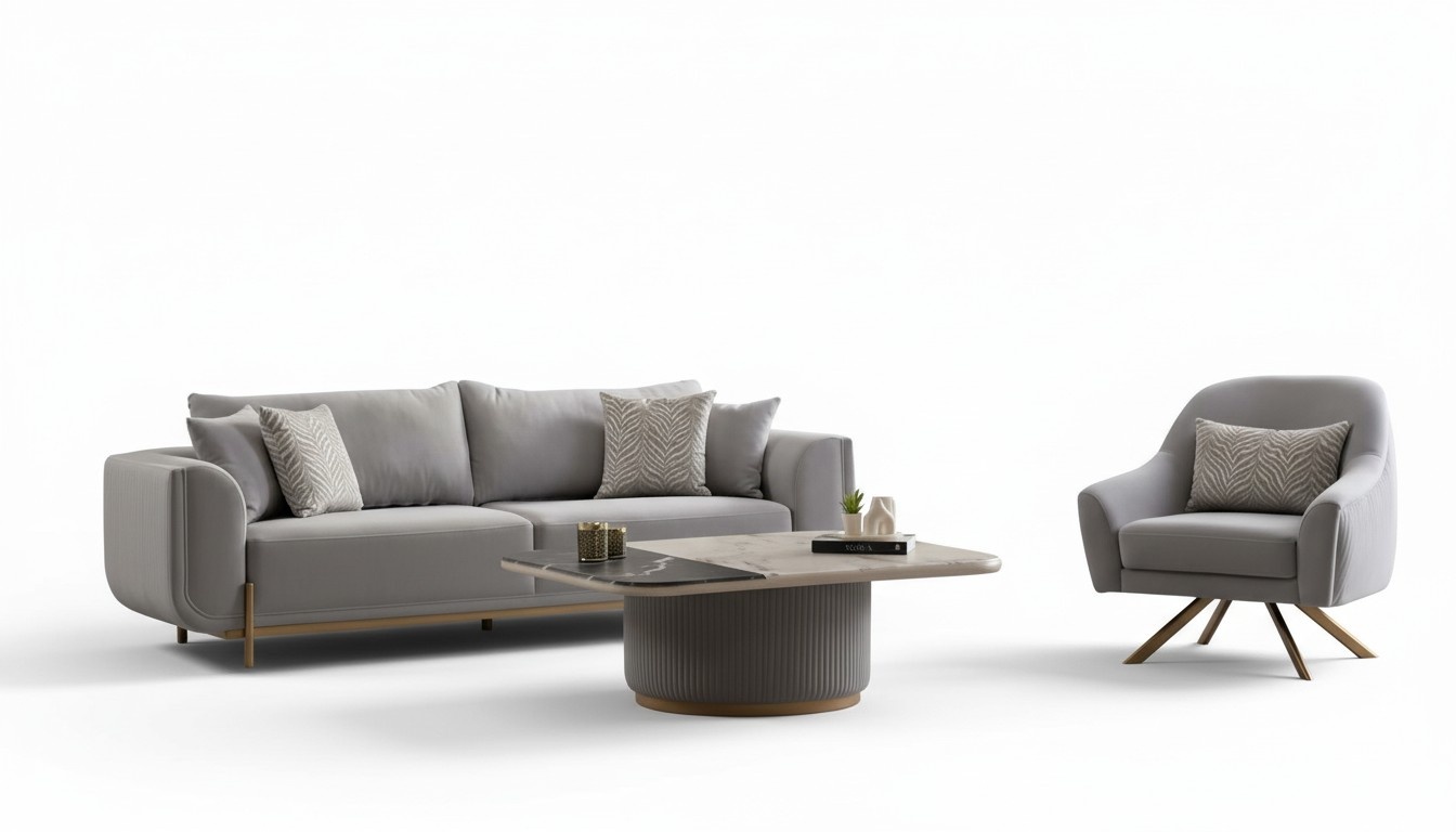 Sofa 3-seater armchair coffee table stainless steel beige gold modern living room