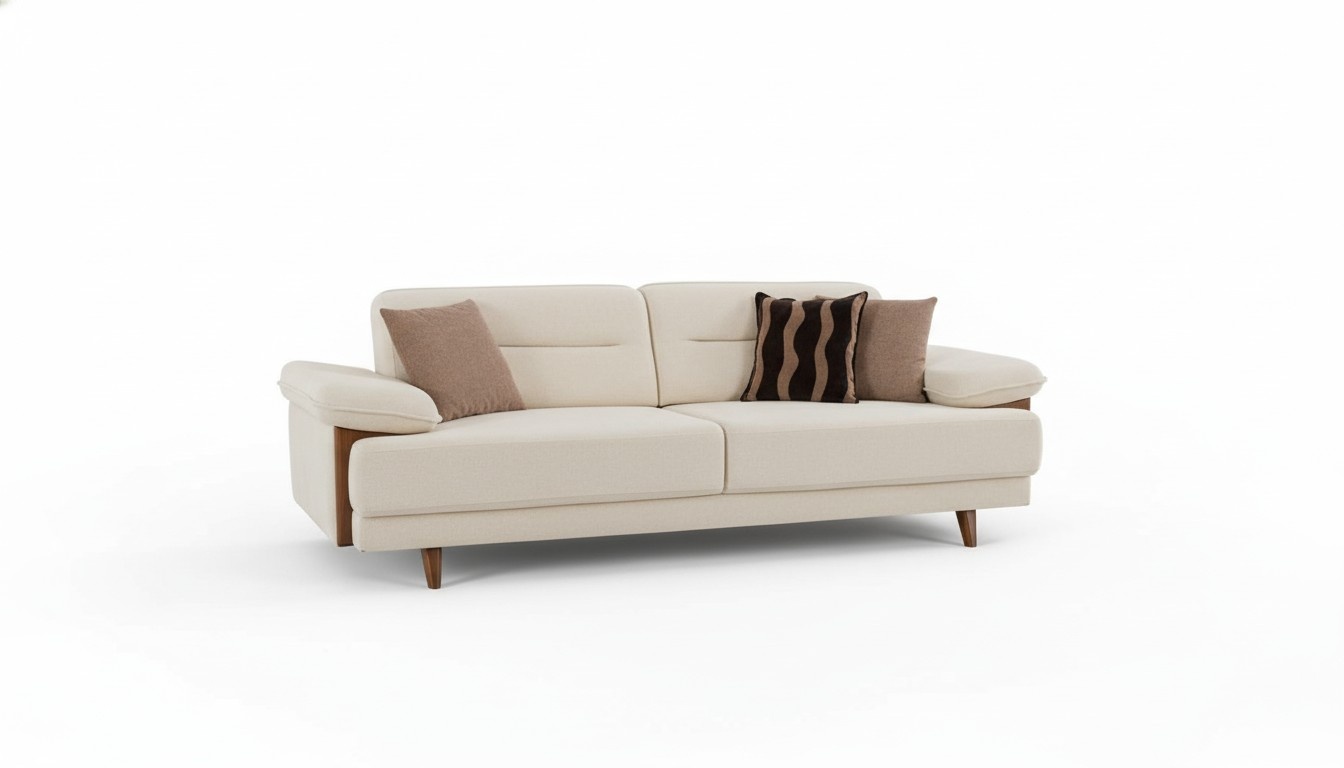Sofa 3-Seater Beige Fabric Wooden Details Scandinavian Style Modern Comfort Living Room