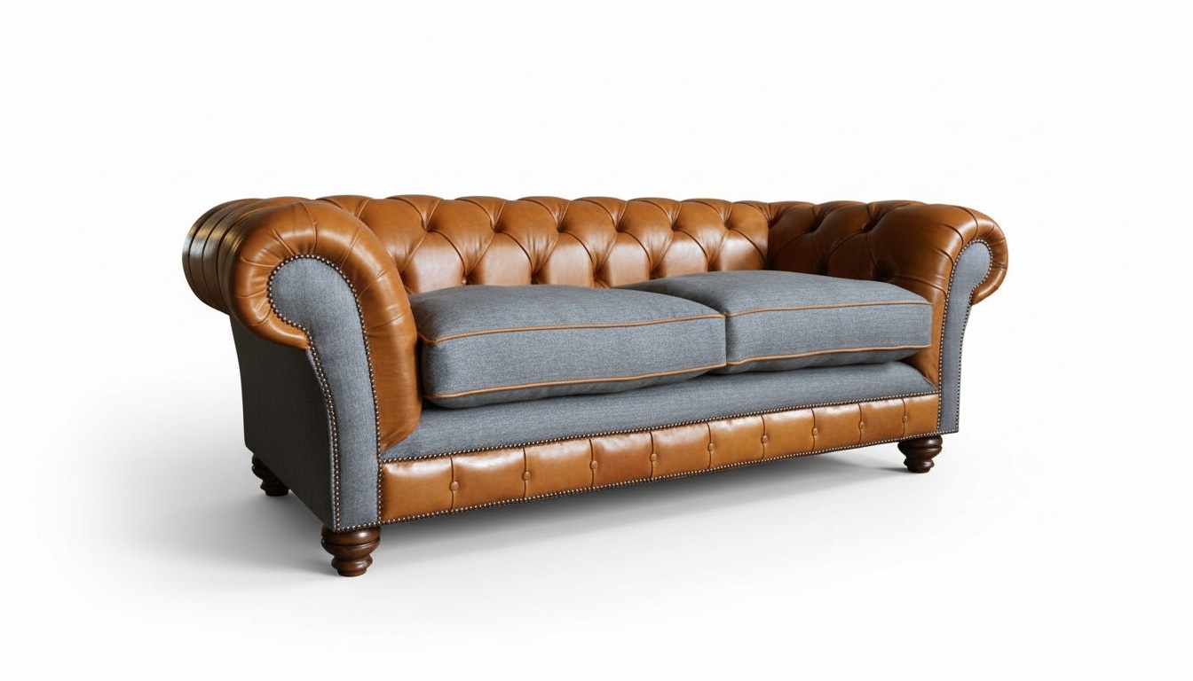 Modern Chesterfield Sofa 3-Seater Faux Leather + Textile Brown Grey Upholstery New