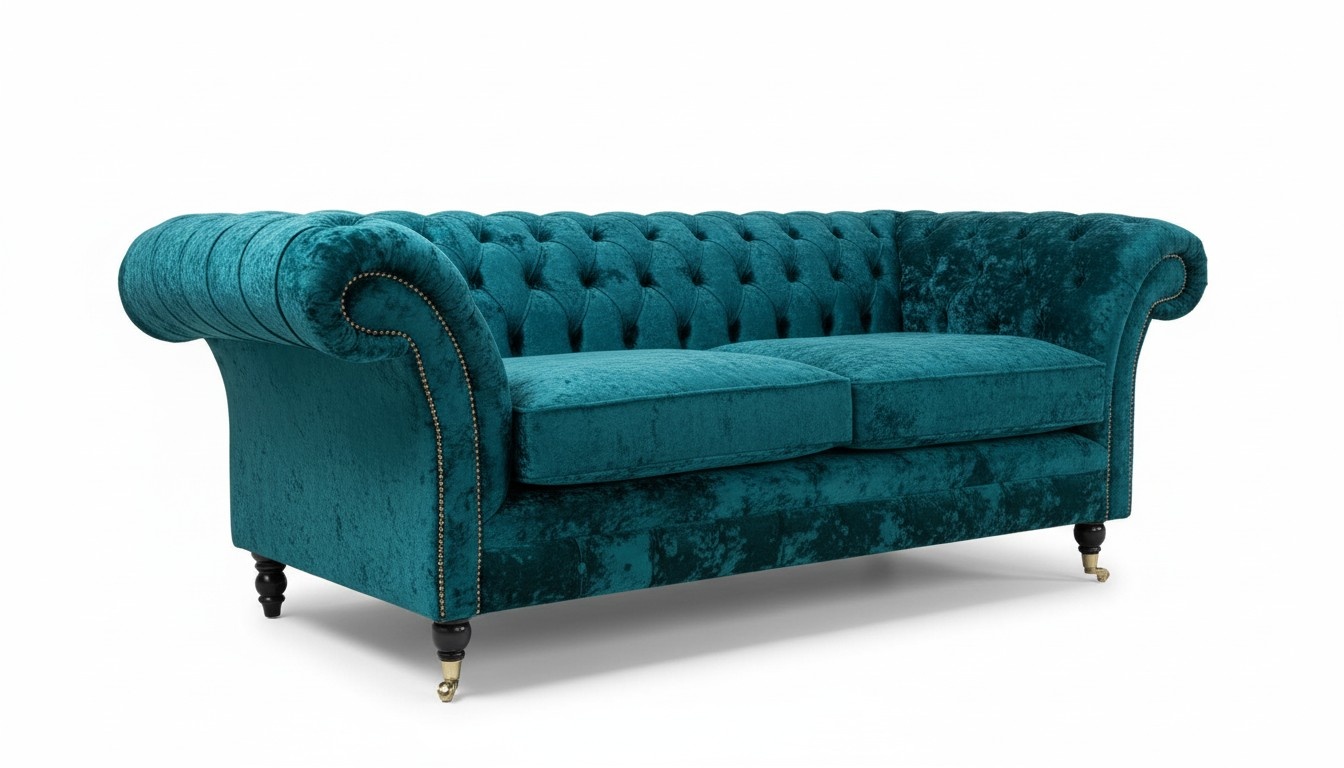 Chesterfield Sofa 3-Seater Turquoise Green Textile Upholstery Couch on Castors Comfortable New