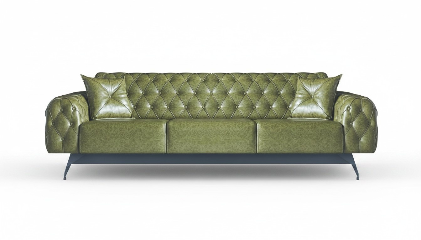 3-Seater Sofa Leather Green Leather Sofa Classic Chesterfield Upholstered Cushion