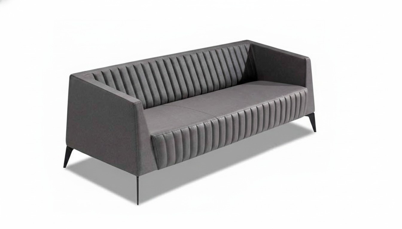 Beige leather 3-seater upholstered sofa, sitting design couch, office furniture.