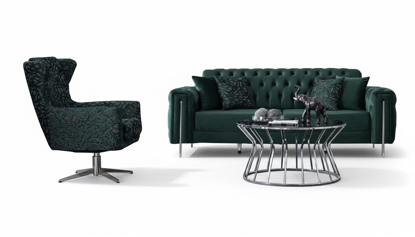 Sofa 3-seater with armchair Green Chesterfield couch set living room