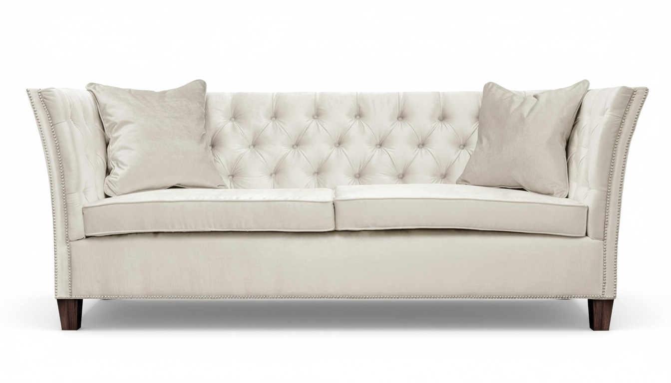 Sofa Beige Chesterfield Three-Seater Upholstered Furniture Hotel Practice Living Room Velvet