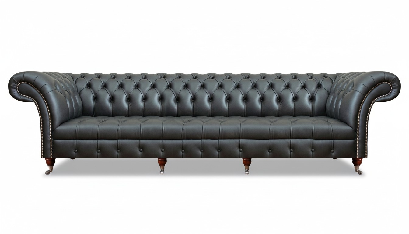 Sofa four-seater couch black leather upholstered furniture Chesterfield furnishings