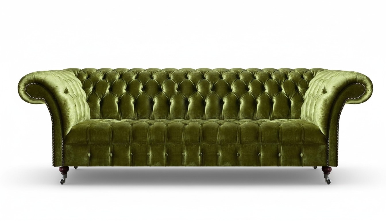 Green Four-Seater Sofa Luxury Design Chesterfield Green Textile Living Room