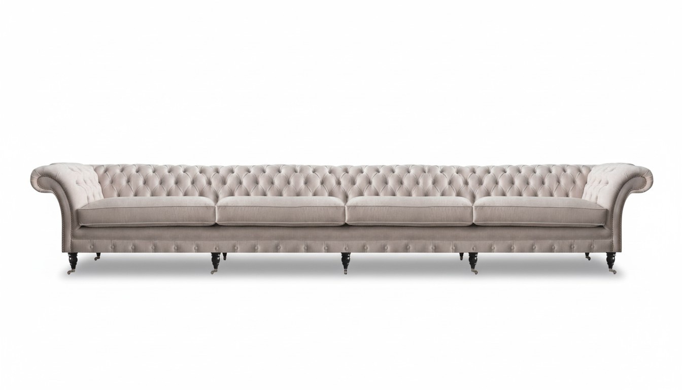 Four-seater sofa upholstered in textile modern Chesterfield furniture.
