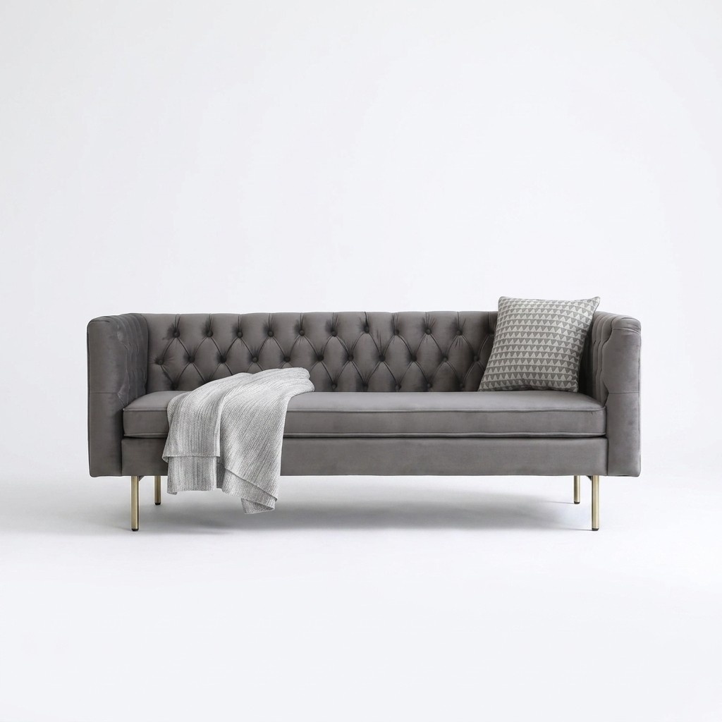 Chesterfield Sofa 3-Seater Modern Style Grey Couch Textile Upholstered Metal Legs New
