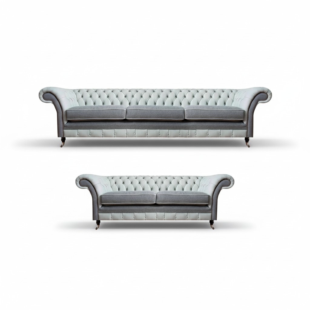 Sofa set 2x Chesterfield sofas gray leather upholstered furniture design set