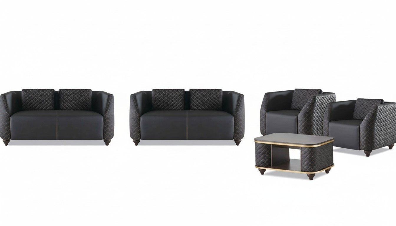 Sofa set 2-seater armchair coffee table black brown upholstered leather cushions