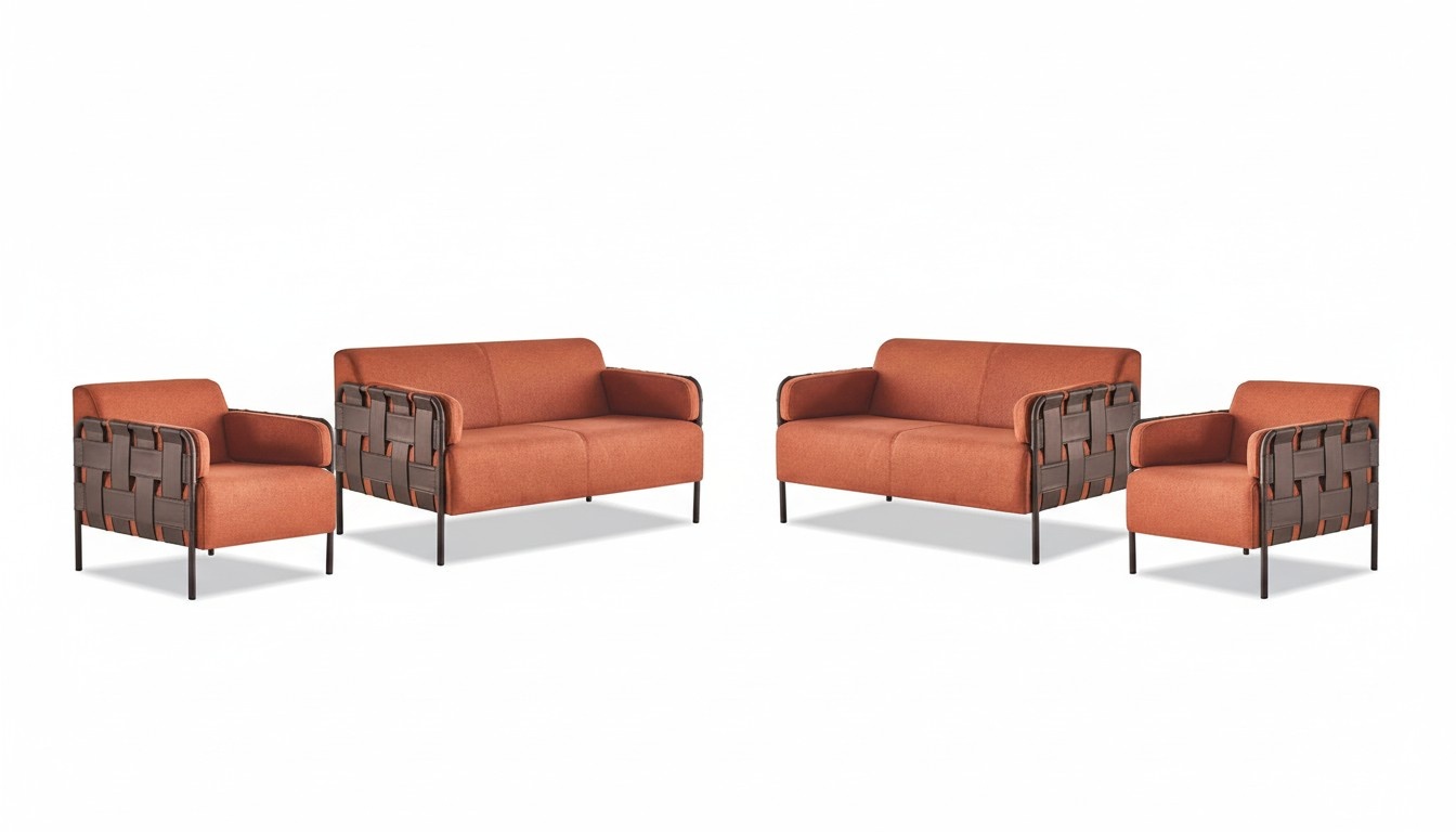 Sofa set 2-seater 2x armchairs orange modern fabric stainless steel sofa furniture
