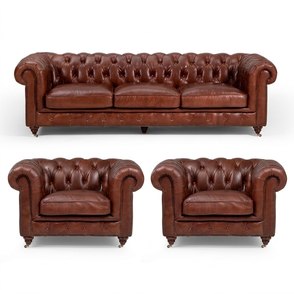 Sofa Set 3+1+1 Seaters Classic Luxury Chesterfield Sofa Leather Couch Set Brown Upholstered New