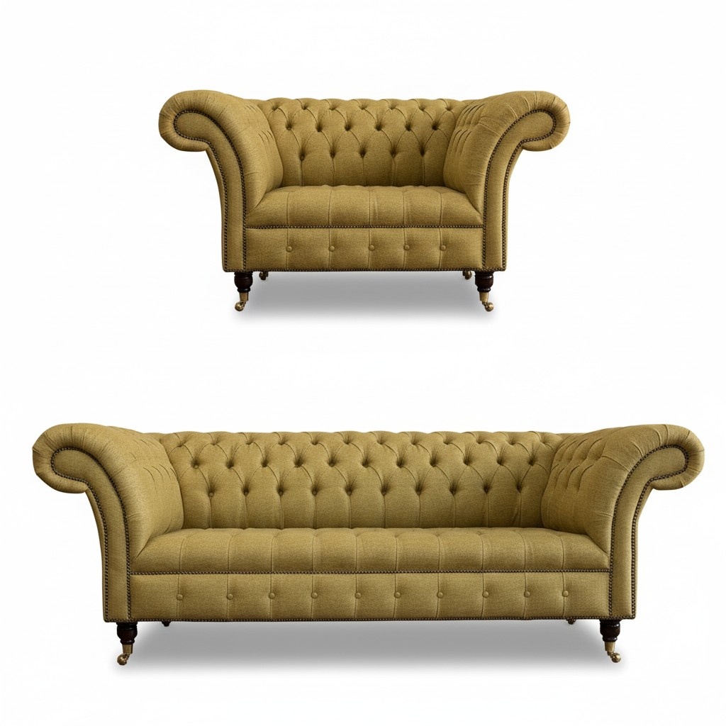 Sofa Set 3+1 Seaters Chesterfield Couches with Buttons Yellow Textile Sofas with Casters New