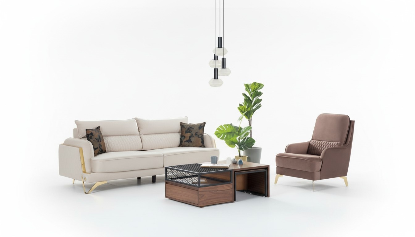 Sofa Set 3+1 Seater Cream Brown Fabric Gold Legs Elegant Modern Living Room