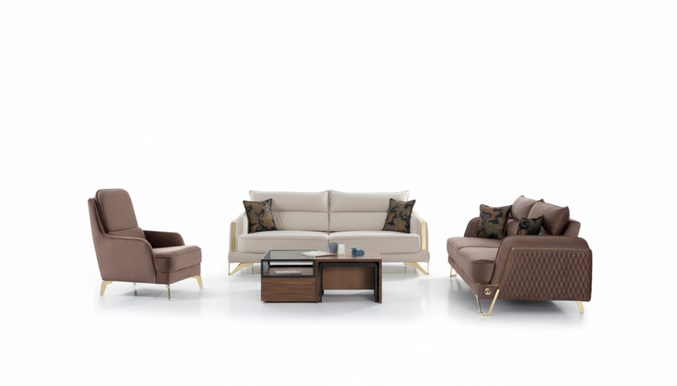 Sofa Set 3+3+1 Seater Cream Brown Gold Legs Luxury Fabric Living Room Design