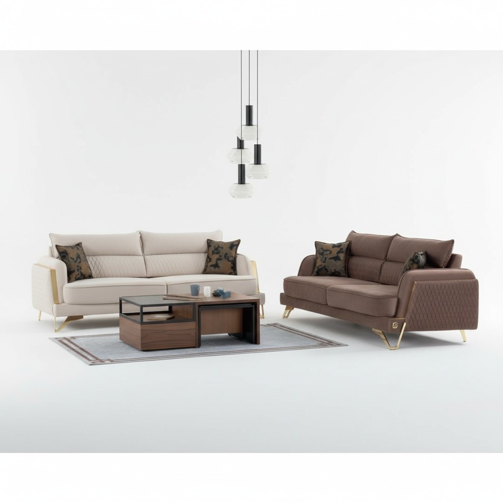 Sofa Set 3+3 Seater Cream Brown Fabric Cover Gold Legs Modern Luxury Design