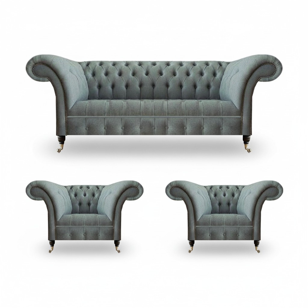 Sofa set 3pcs 2x armchair grey sofa three seater Chesterfield new