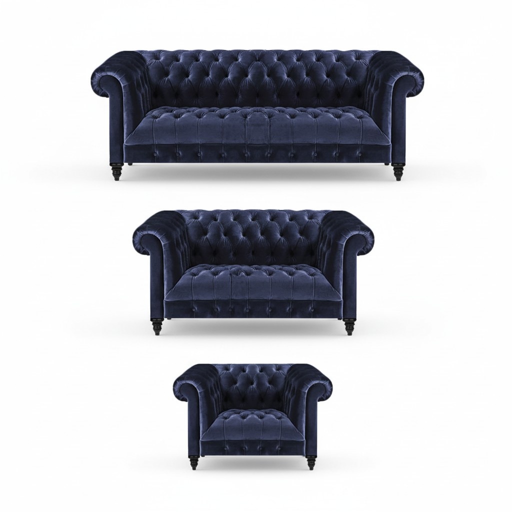 3-Piece Sofa Set Blue Chesterfield Living Room Complete Set New