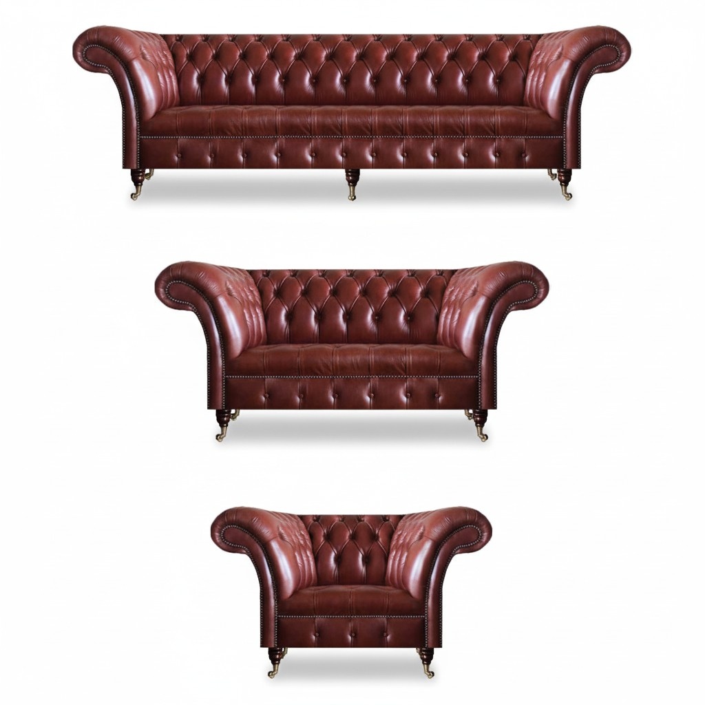 3-piece modern leather sofa set, brown upholstery, living room furniture.