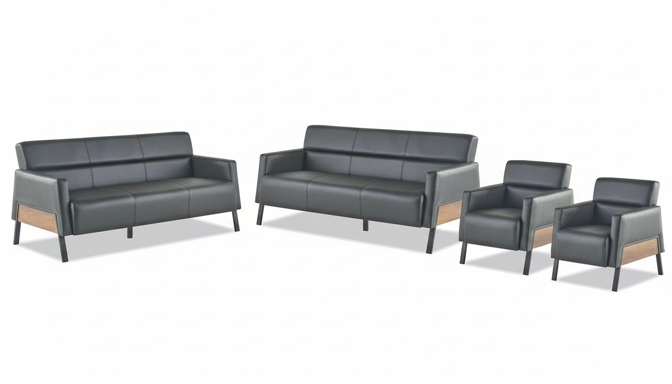 Sofa set 3-seater 2x armchairs black leather sofas modern leather wood soft