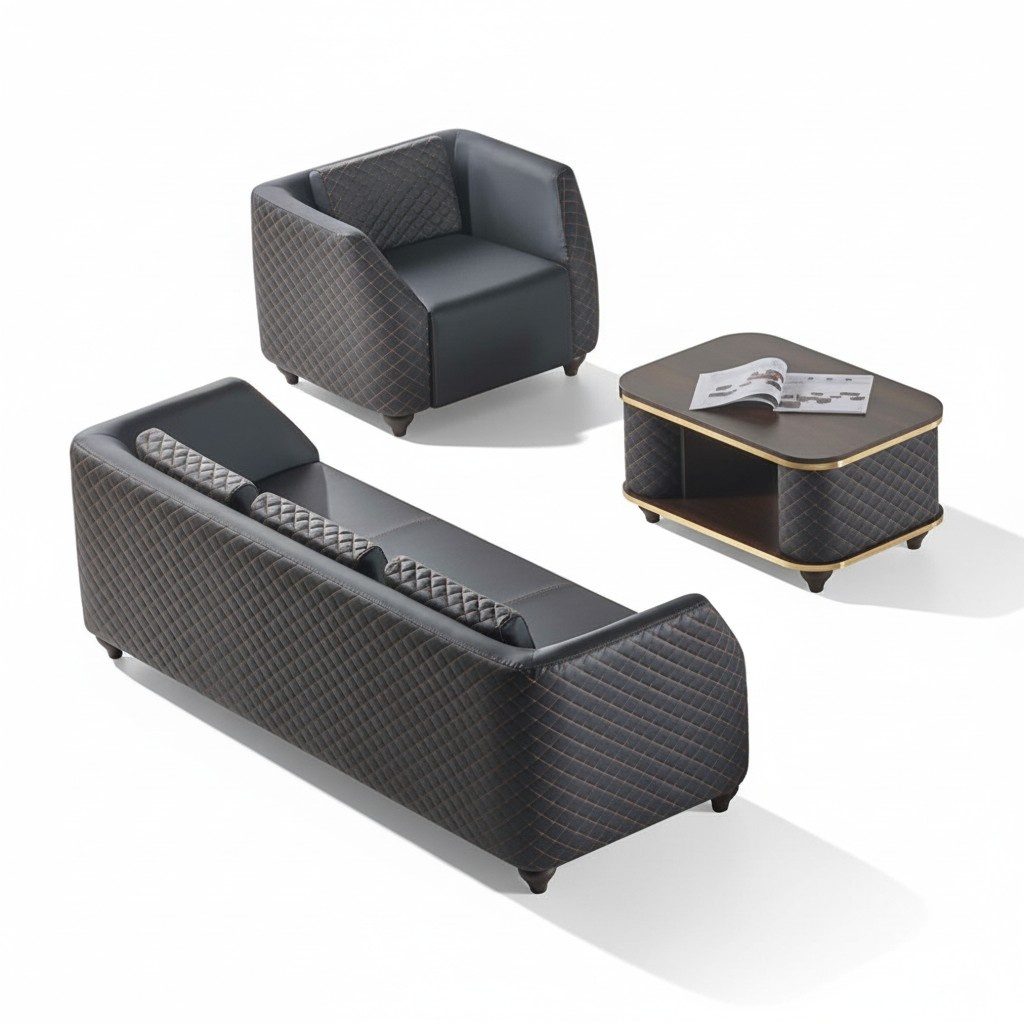 Sofa set 3-seater armchair coffee table black brown leather upholstery wood