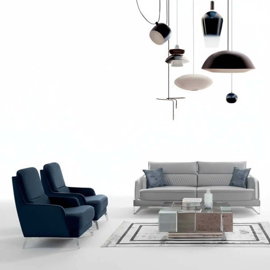 Sofa Set 3+1+1 Seater Light Grey Blue Fabric Chrome Legs Modern Elegant Design