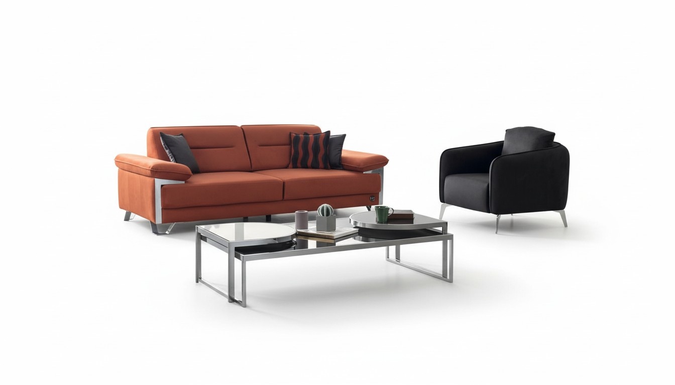 Sofa Set 3+1 Seater Terracotta Anthracite Fabric Chrome Legs Modern Design