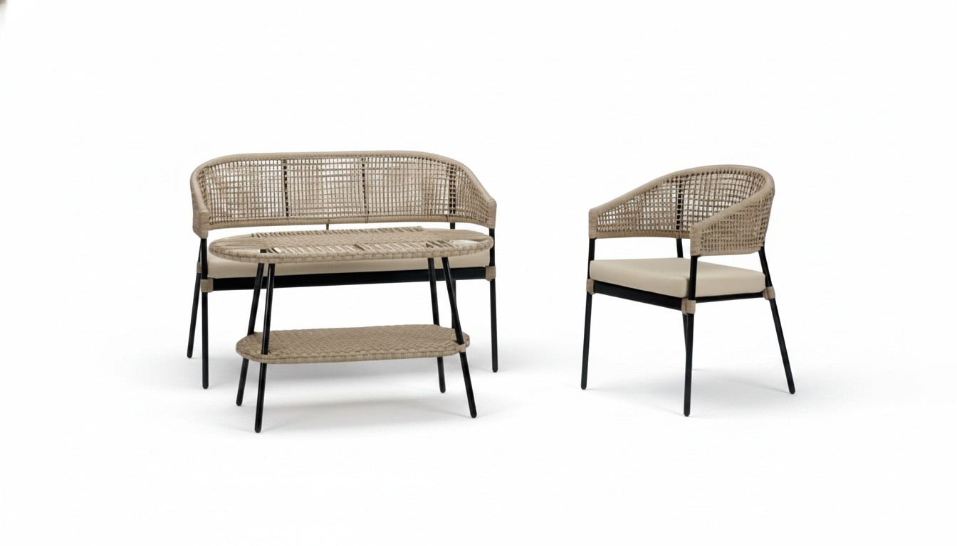 Beige sofa set, 2-seater luxury rattan modern armchair coffee table.