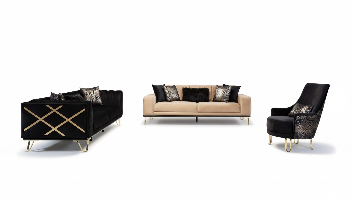 Sofa Set Black Sofa 3+3+1 Seater Armchair Elegant Metal Velvet