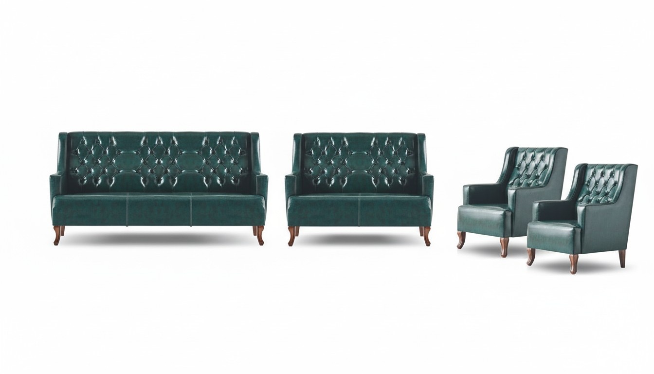 Chesterfield Green Classic Sofa Set Leather 3-Seater Armchair 2-Seater Wood