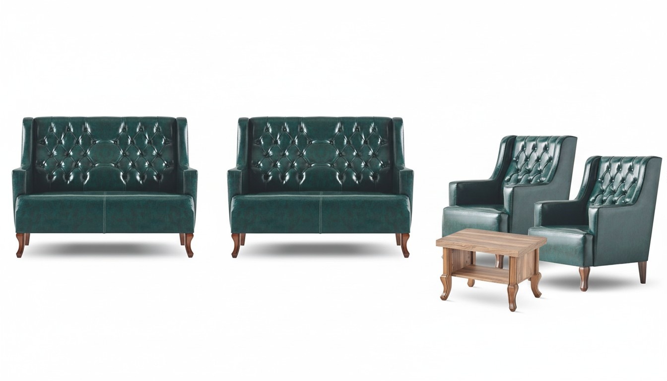Classic Green Chesterfield Sofa Set 2-Seater Armchair Coffee Table Leather