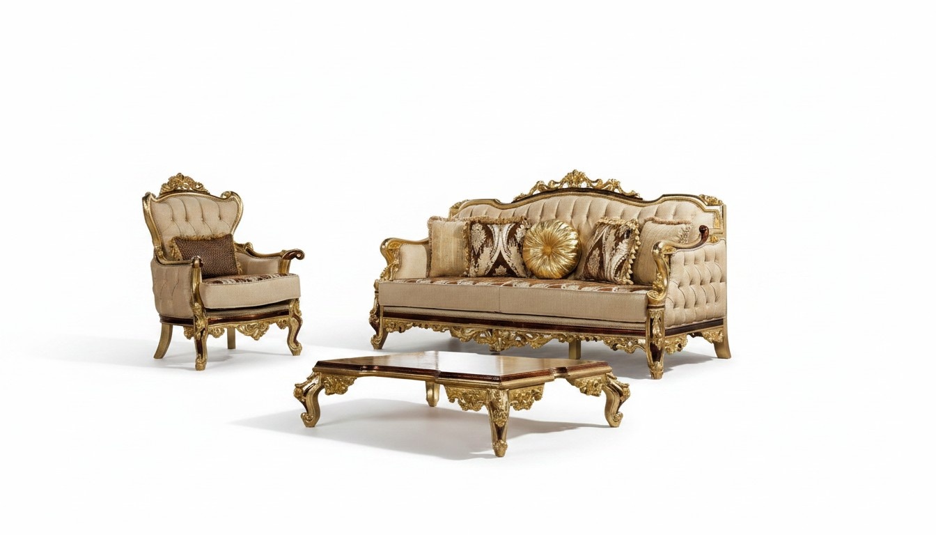 Sofa set couch baroque rococo couches textile Chesterfield sofa table 3 pieces.