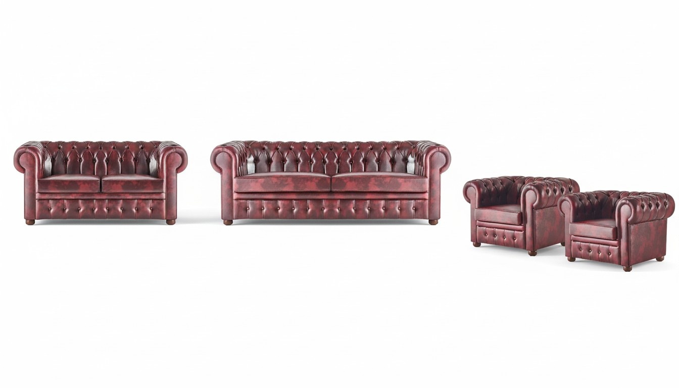 Chesterfield Sofa Set Couch 3-Seater 2-Seater Armchair Bordeaux 4-piece Set.