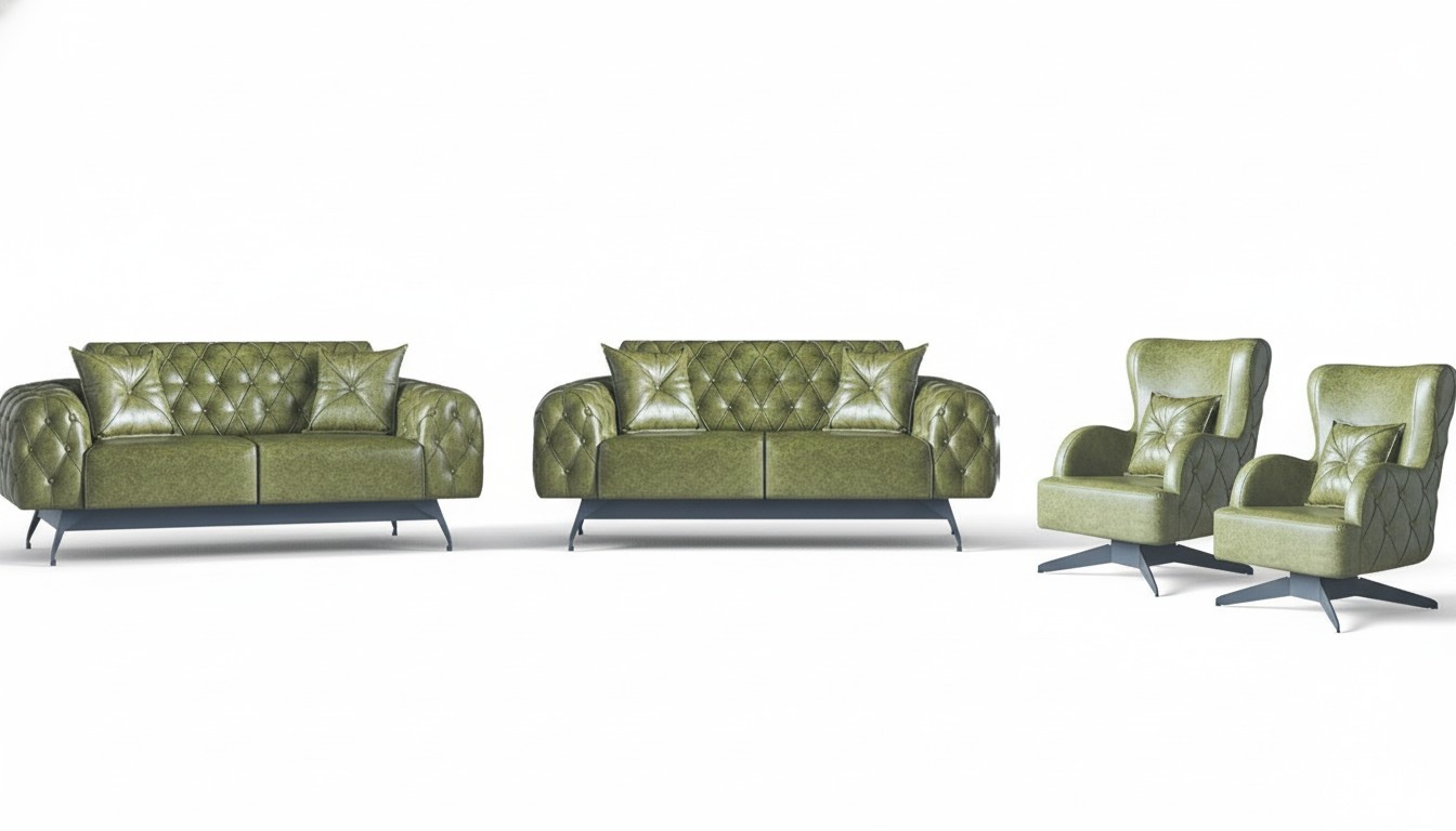 Sofa set cushion upholstery 2-seater leather armchair green furniture Chesterfield