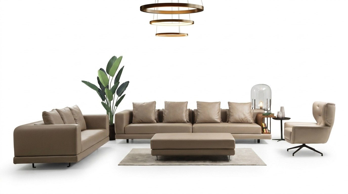 Sofa set four-seater three-seater armchair beige sofa 3-piece leather set