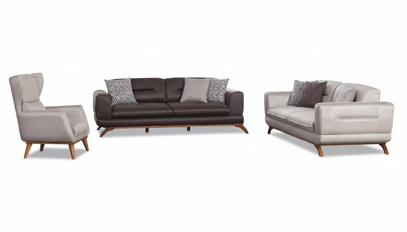 Textile sofa set for the living room in light gray and brown.