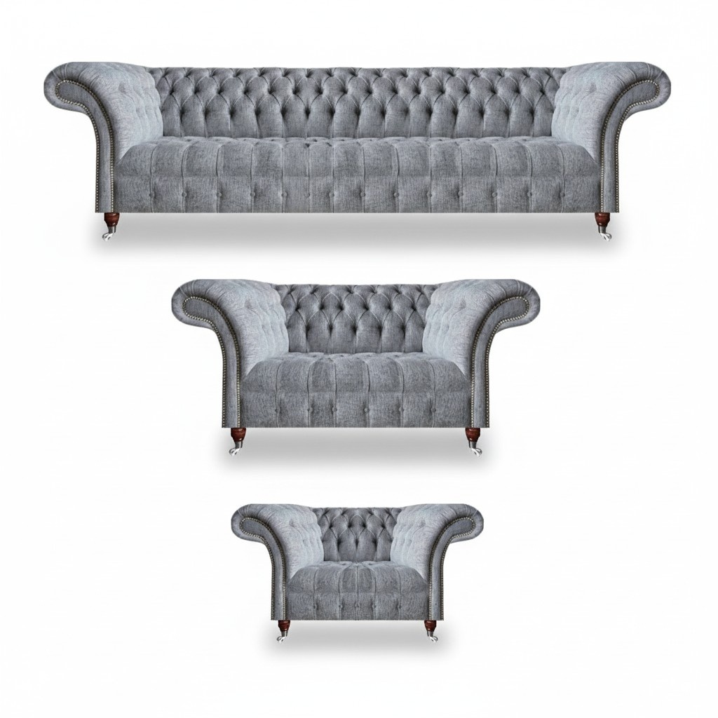 Sofa set gray set 3 pieces design furniture armchairs Chesterfield sofas living room
