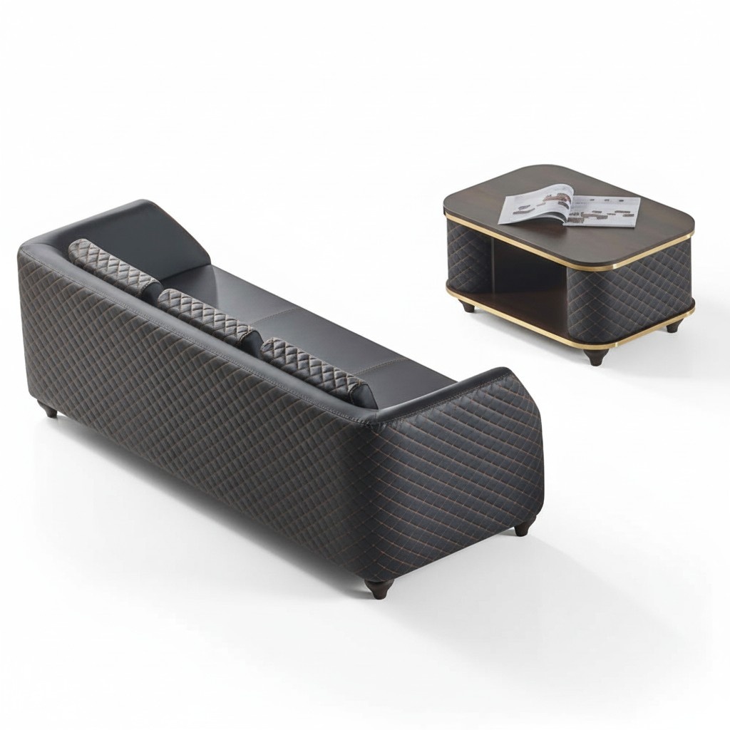 Leather Sofa Set 3-Seater Wood Coffee Table Black Brown Modern Leather