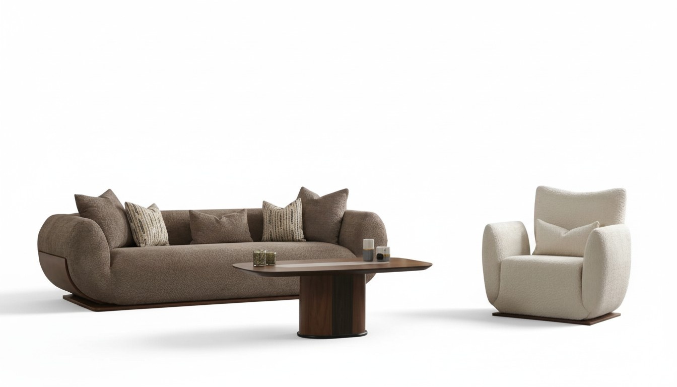 Living room sofa set couch 3-seater armchair coffee table fabric gray