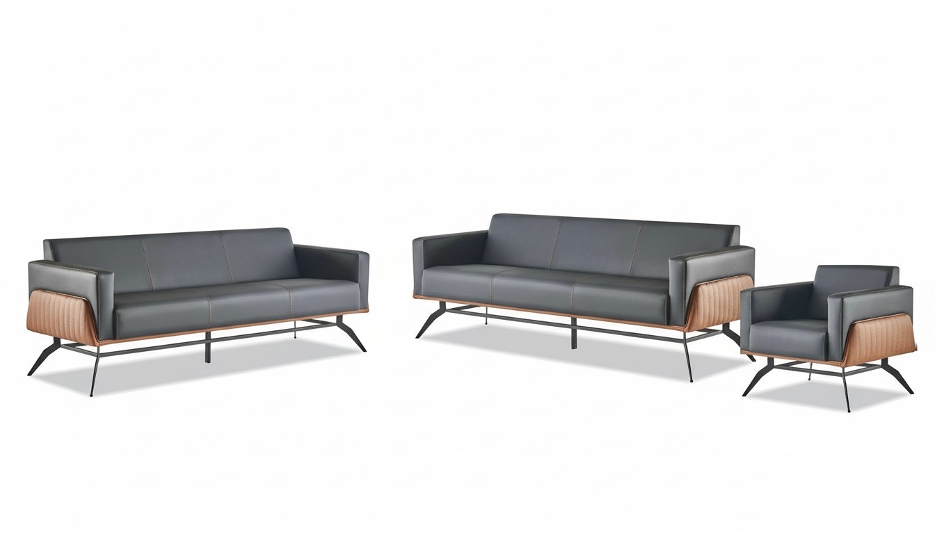 Sofa set seating furniture black brown 3-seater armchair leather sofas stainless steel wood