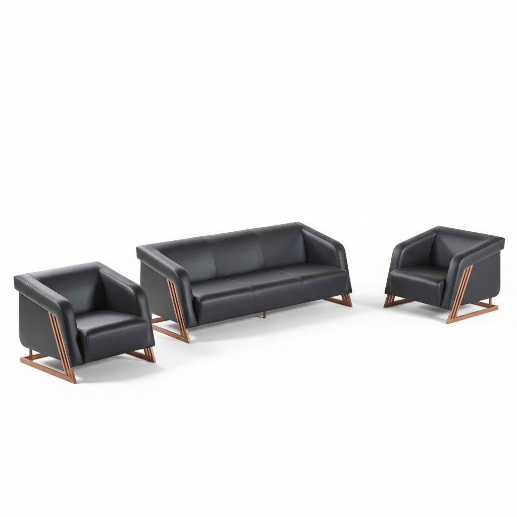 Sofa set seating furniture leather sofas 3-seater armchairs stainless steel wood black