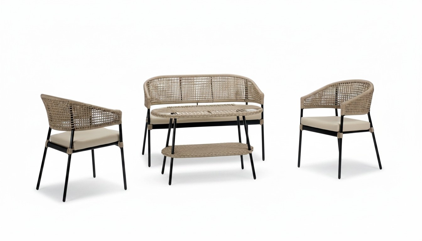 Sofa set Sofa 2-seater Luxurious rattan Modern 2x armchairs Coffee table Beige