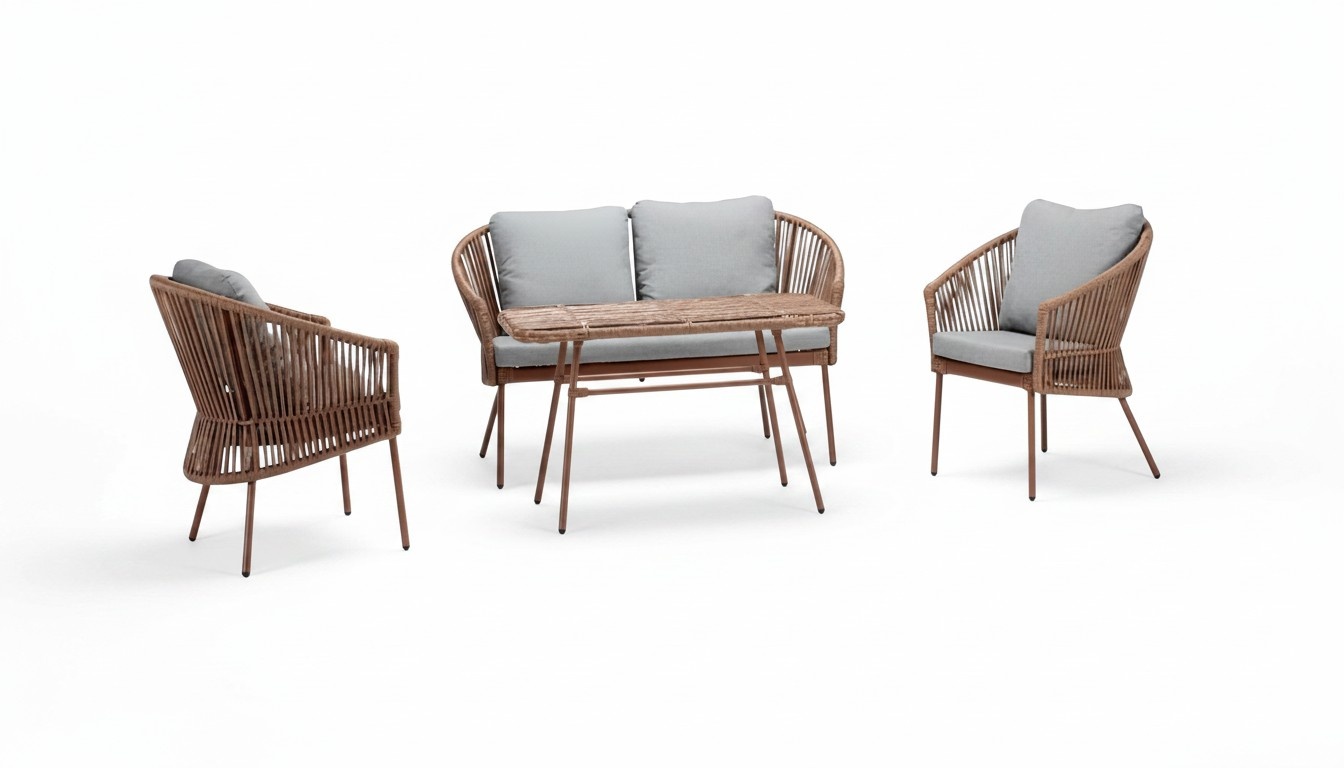 Sofa set Sofa 2-seater Luxurious rattan Modern 2x armchairs Coffee table Brown