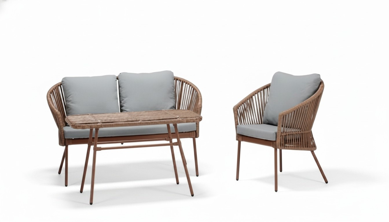 Sofa set, 2-seater sofa, luxurious rattan, modern brown armchair, coffee table.