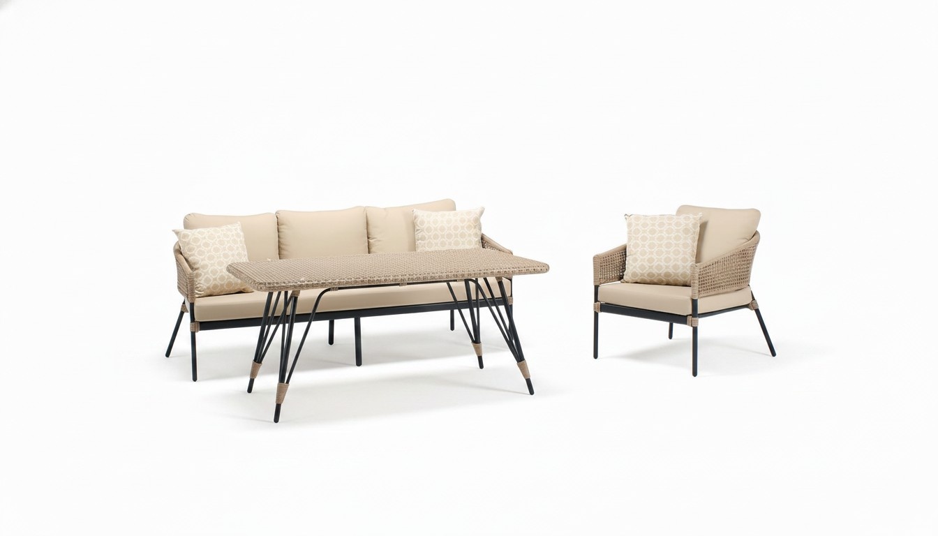 Sofa set sofa 3-seater modern armchair coffee table beige luxurious rattan