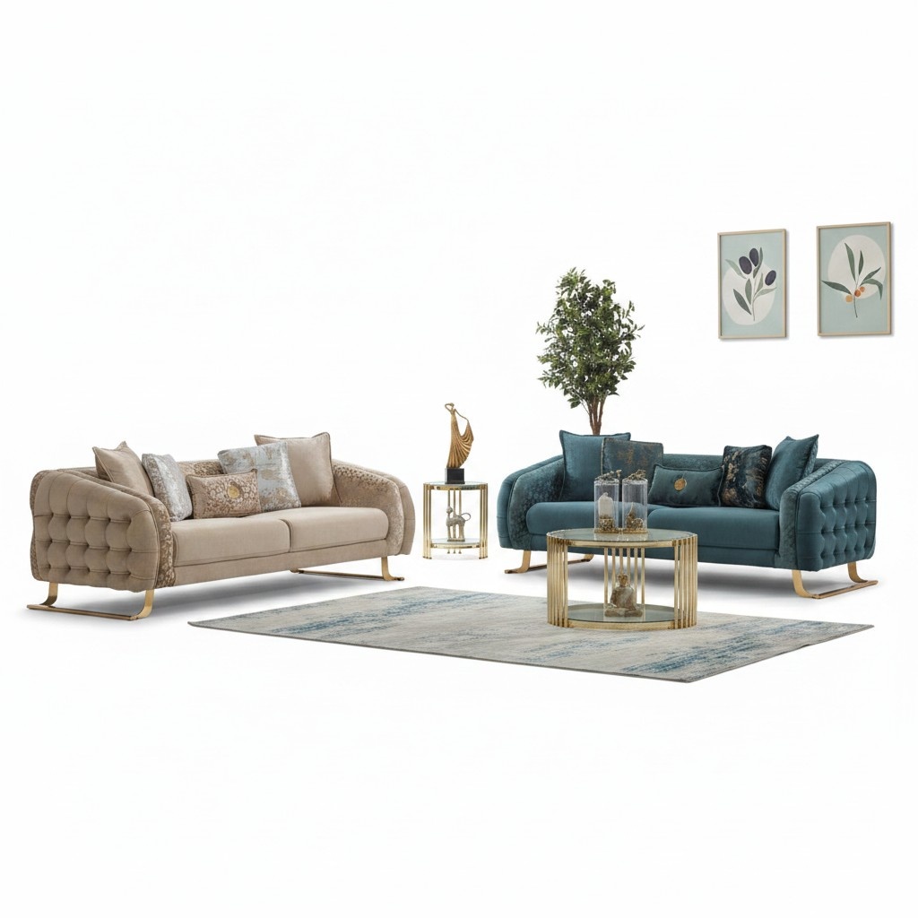 Sofa set three-seater sofa 3-seat fabric sofa upholstered sofa beige blue