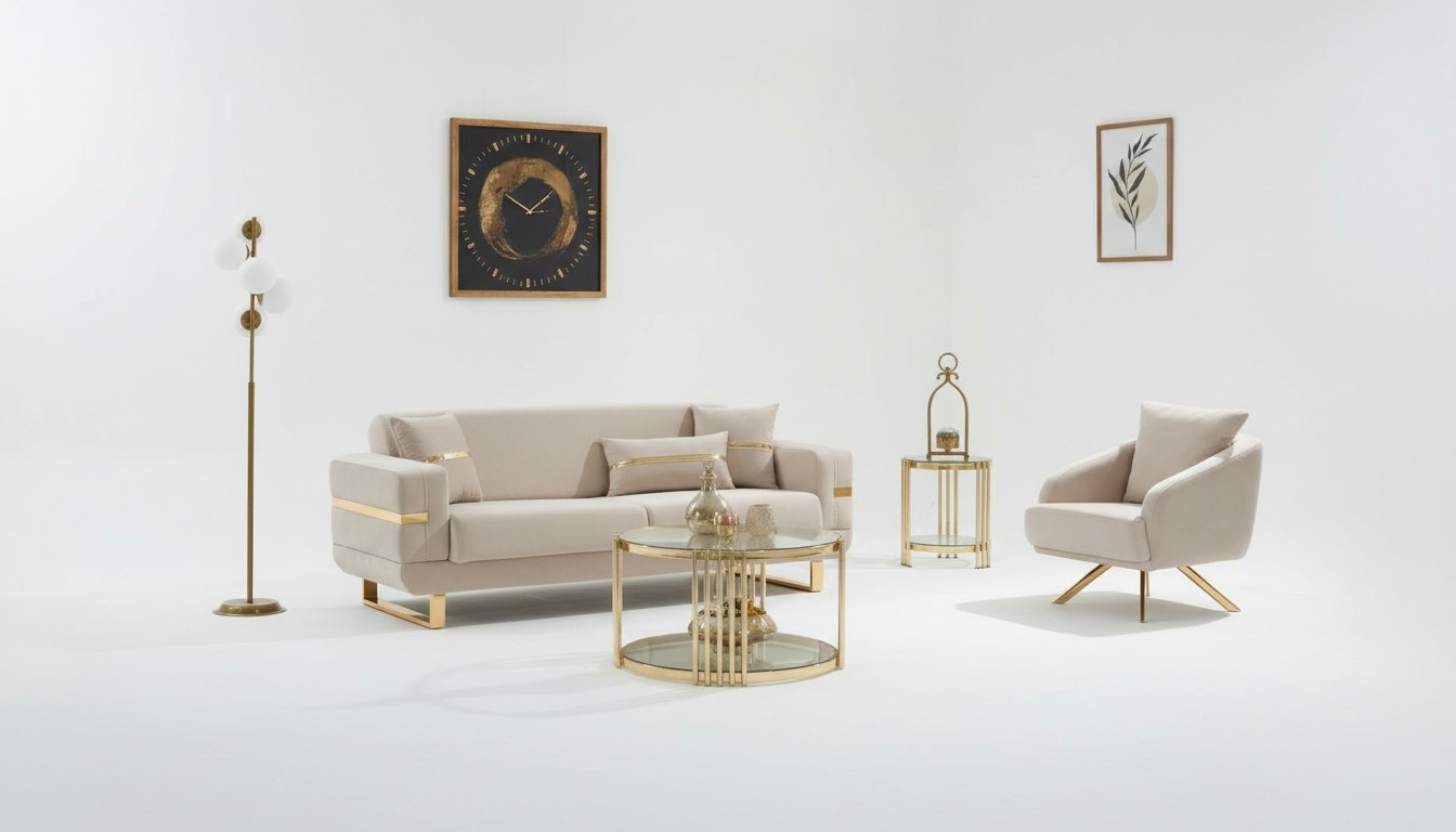 Sofa set three-seater sofa fabric sofa upholstered sofa beige armchair 2-piece