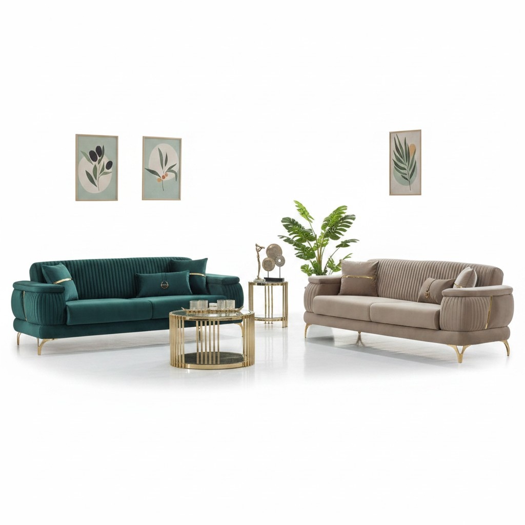 Sofa set three-seater upholstered sofa fabric sofa 2-piece green beige sofas