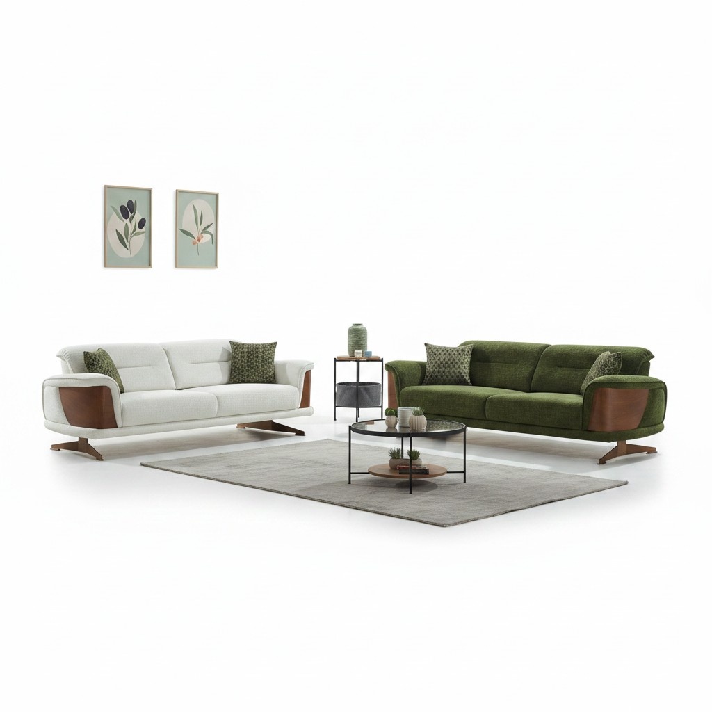 Sofa set three-seater white green fabric 2-piece upholstered sofa couches