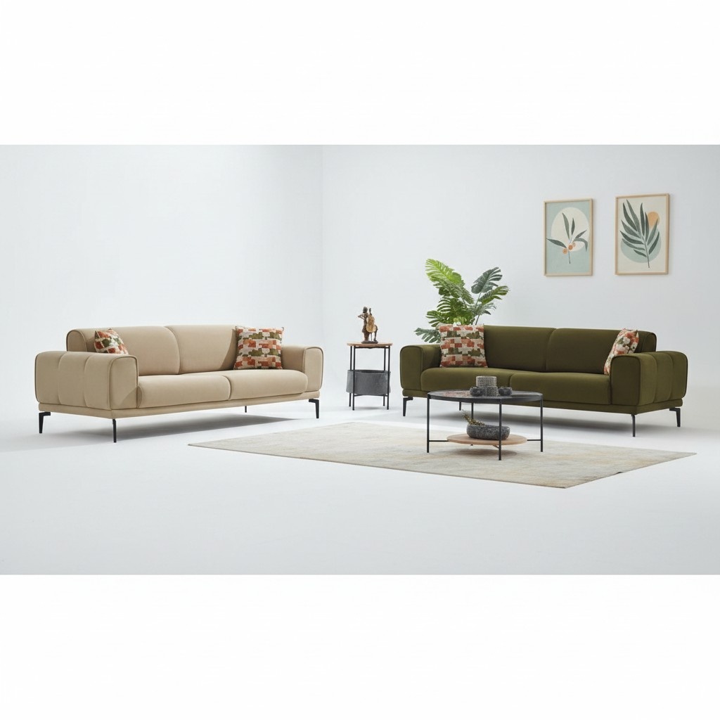 Sofa set upholstered sofa three-seater green couch beige fabric sofa 2-piece